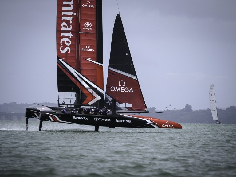 15/2/17- Emirates Team New Zealand sail their America's Cup Class race boat for the second day in Auckland New Zealand