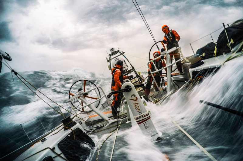 April 1, 2015. Leg 5 to Itajai onboard Team Alvimedica. Day 15. Conditions worsen as the fleet outruns a nasty system of low pressure moving east off the coast of South America, with upwind sailing in 35-40 knots of wind creating uncomfortable sailing.