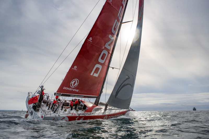 Dongfeng Race Team take their newly-refitted Volvo Ocean 65 for a spin shortly after the handoverat the Volvo Ocean Race Boatyard in Lisbon, Portugal.