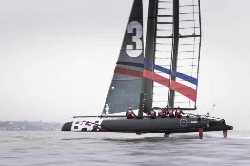 The Ben Ainslie Racing Americas Cup team out in action on their new T1 foiling AC45 catamaran
