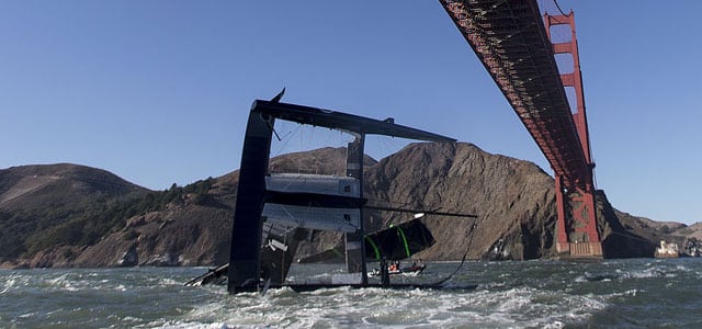 17/10/2012 - San Francisco (USA,CA) 34th America's Cup - ORACLE Team USA AC 72 capsizes during training in San Francisco Bay and is pushed out of the bay by the tide current as the team try to salvage the platform.