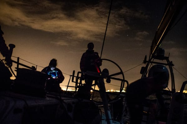 October 13, 2014. Leg 1 onboard Team SCA. Team SCA sails through the Straits of Gibralter around midnight.