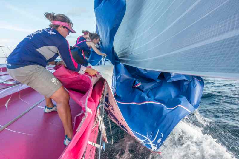 As an all-women's campaign, Team SCA is allowed an additional crewmember, required to move heavy, wet sails.