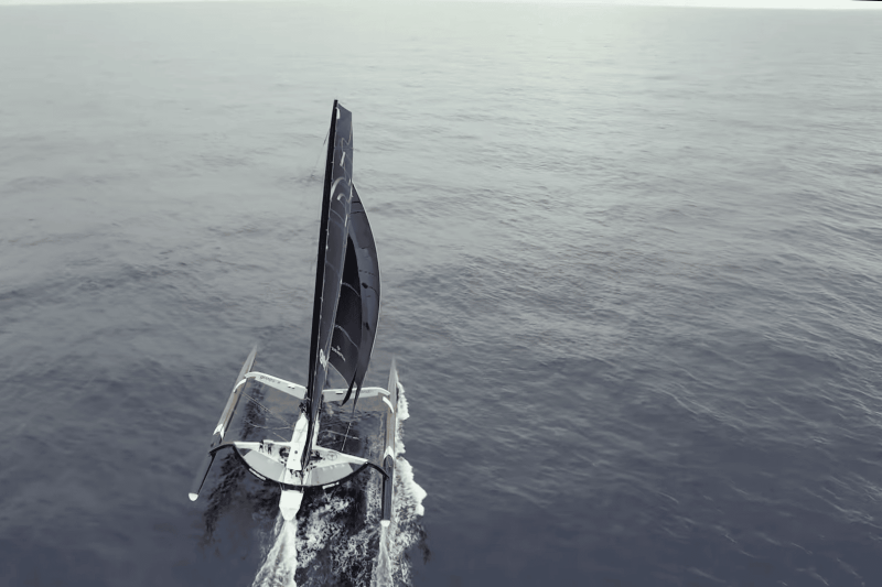Spindrift 2 deploys a drone from onboard to get some aerial footage in the Atlantic during their Jules Verne attepmt.