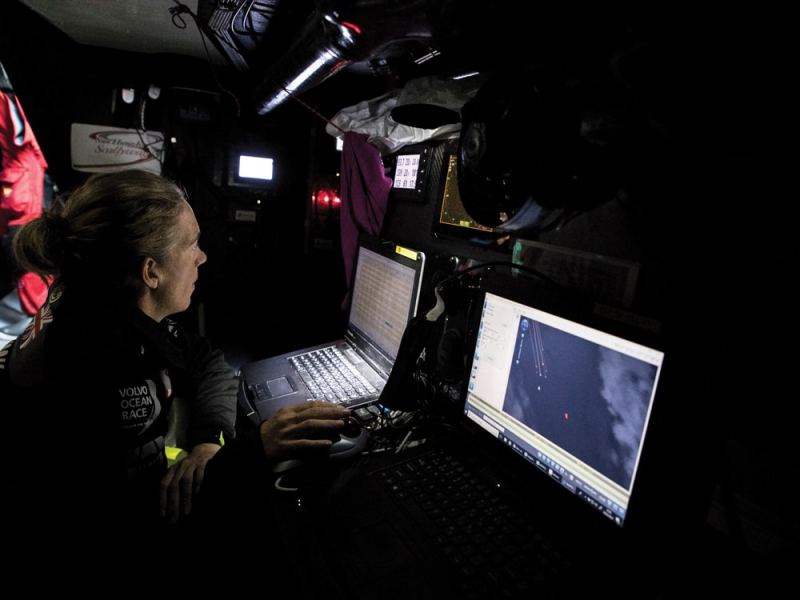 Leg 7 from Auckland to Itajai, day 03 on board Sun Hung Kai/Scallywag. Libby Greenhalgh at the nav station planning the next move. 20 March, 2018. Libby Greenhalgh