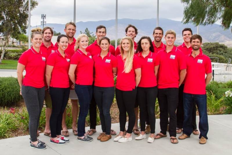 he 2015 US Rio Olympic Test Event Sailing Team. Back Row (left to right): Brad Funk, Caleb Paine, Trevor Burd, Dave Hughes, Charlie Buckingham, and Matthew Whitehead. Front Row: Paige Railey, Briana Provancha, Helena Scutt, Annie Haeger, Paris Henken, Sarah Newberry, Carson Crain, and Stu McNay.
