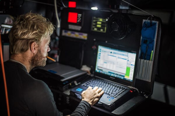 November 01, 2014. Leg 1 onboard Team Vestas Wind.Wouter Verbraak studies the weather models. Day 21 at Sea.