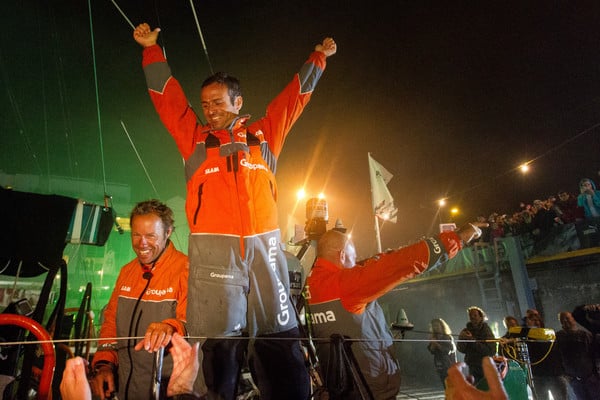 Groupama Sailing Team, skipper Franck Cammas from France, celebrates winning the Volvo Ocean Race 2011-12, after securing second place on leg 9 from Lorient, France to Galway, Ireland. (Credit: IAN ROMAN/Volvo Ocean Race)