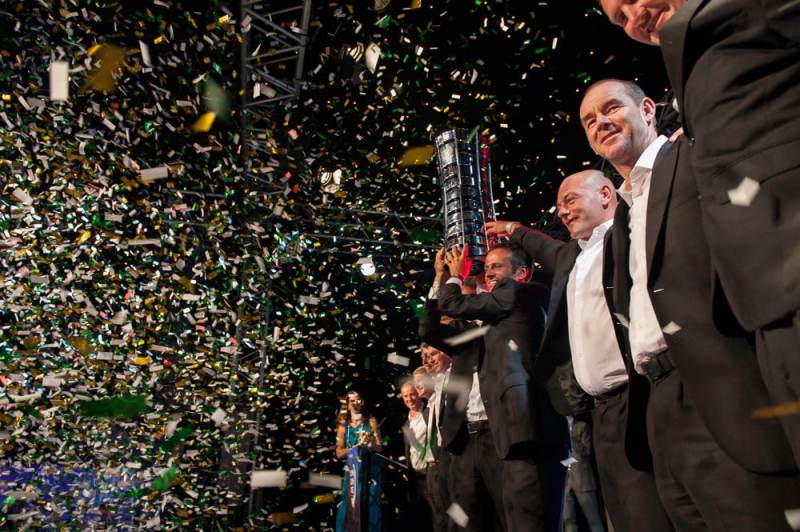 Groupama Sailing Team, skippered by Franck Cammas from France, are awarded first place for the Volvo Ocean Race 2011-12, at the Prize Giving Ceremony in Galway, Ireland, at the Prize Giving Ceremony in Galway, Ireland., during the Volvo Ocean Race 2011-12. (Credit: PAUL TODD/Volvo Ocean Race)