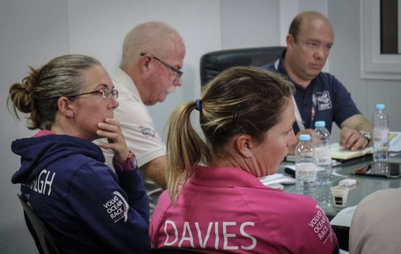Volvo Ocean Race 2014-15 – Lisbon Stopover Team SCA sits before the jury in Lisbon.