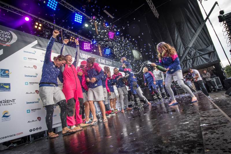 11 June 2015 Team SCA Volvo Ocean Race, Lorient.Team SCA celebrates on stage their victory of Leg 8.