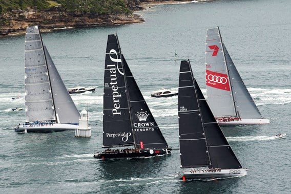 Wild Oats XI leads the maxis up course, but it was when the A-sails started flying that it showed the success of the improvements.