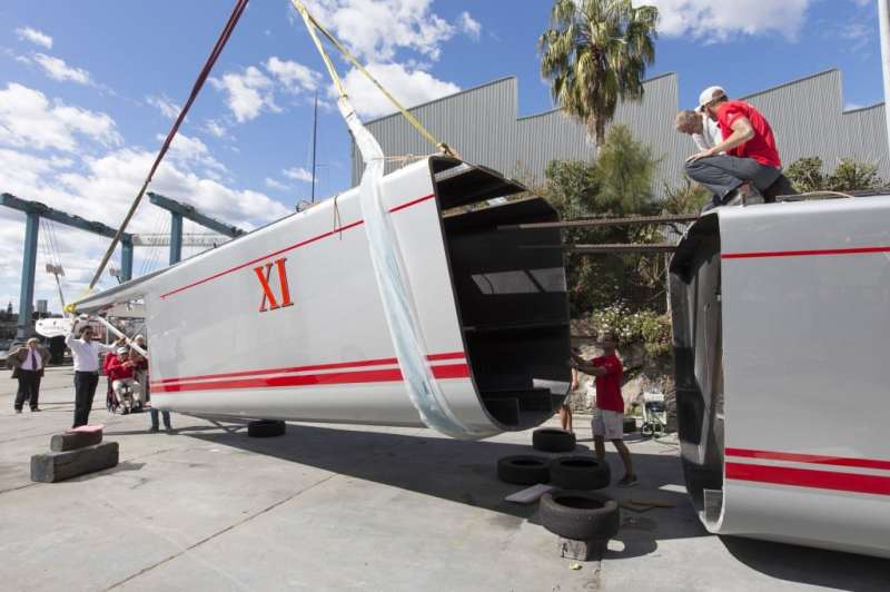 A 10-metre section of the bow of supermaxi Wild Oats XI is removed so the yacht can be remodelled for this year’s Rolex Sydney Hobart race.