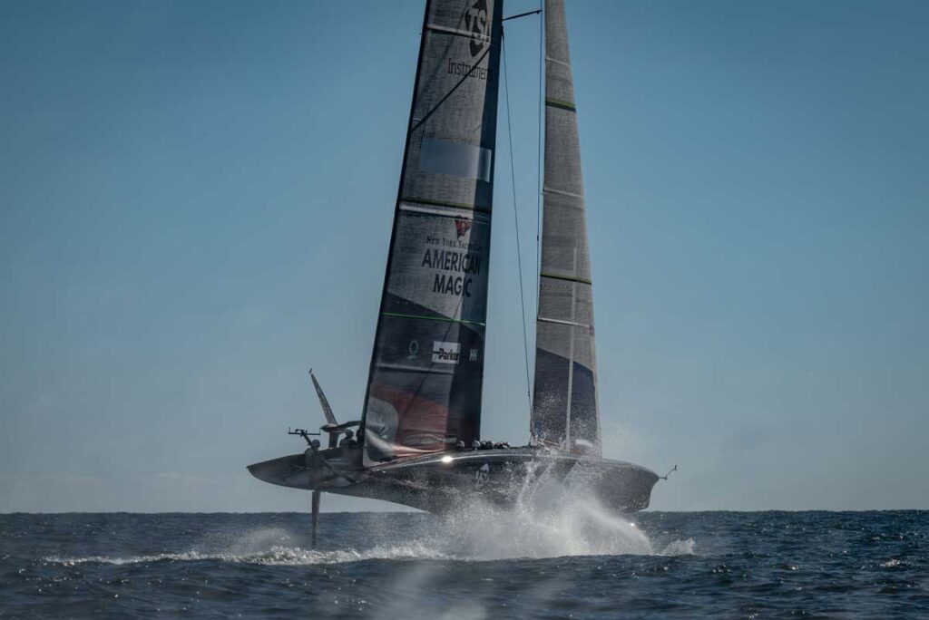 American Magic's AC75 Patriot flies on its foils during training in Florida