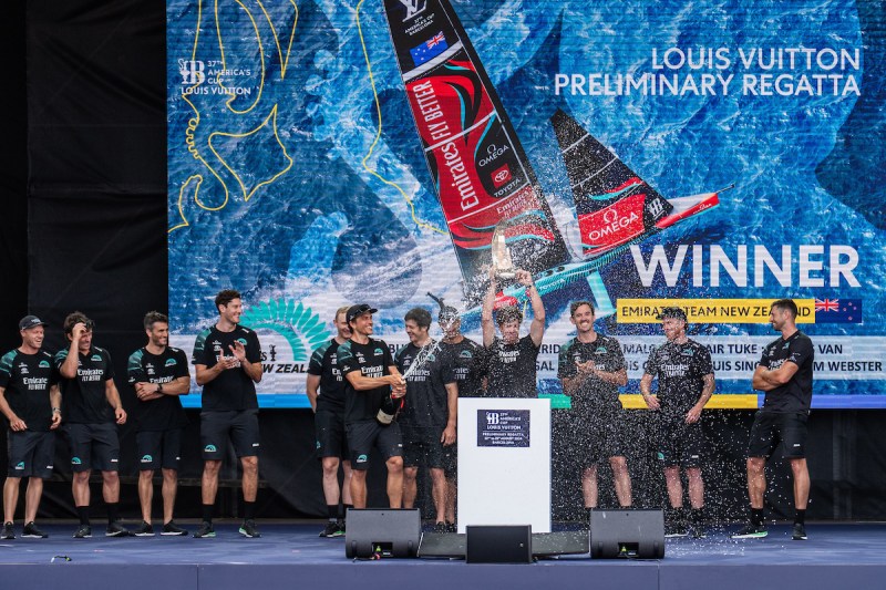 37th America’s Cup – Louis Vuitton Preliminary Regatta – Race Day 4 August 25, 2024. Louis Vuitton Preliminary Regatta, Race Day 4. Prizegiving to EMIRATES TEAM NEW ZEALAND, winners of the Louis Vuitton Preliminary Regatta.