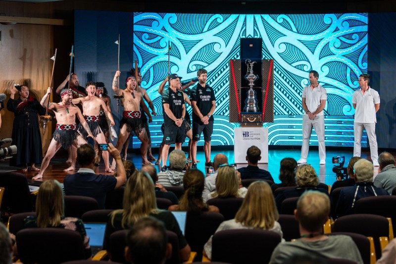 Emirates Team New Zealand and INEOS Britannia skippers get a ceremonial Haka as the Louis Vuitton 37th America's Cup press conference gets underway.