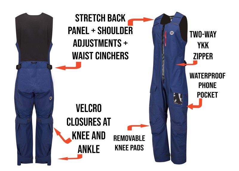 Meris saloppets revised Mustang Survival's Meris Salopette has multiple adjustment points, waterproof pockets, knee pads and reinforcement panels.