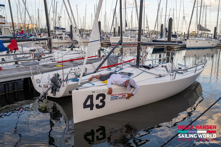 Helly Hansen Sailing World Regatta Series J/70 sailors prep for racing at the St. Petersburg YC Marina.