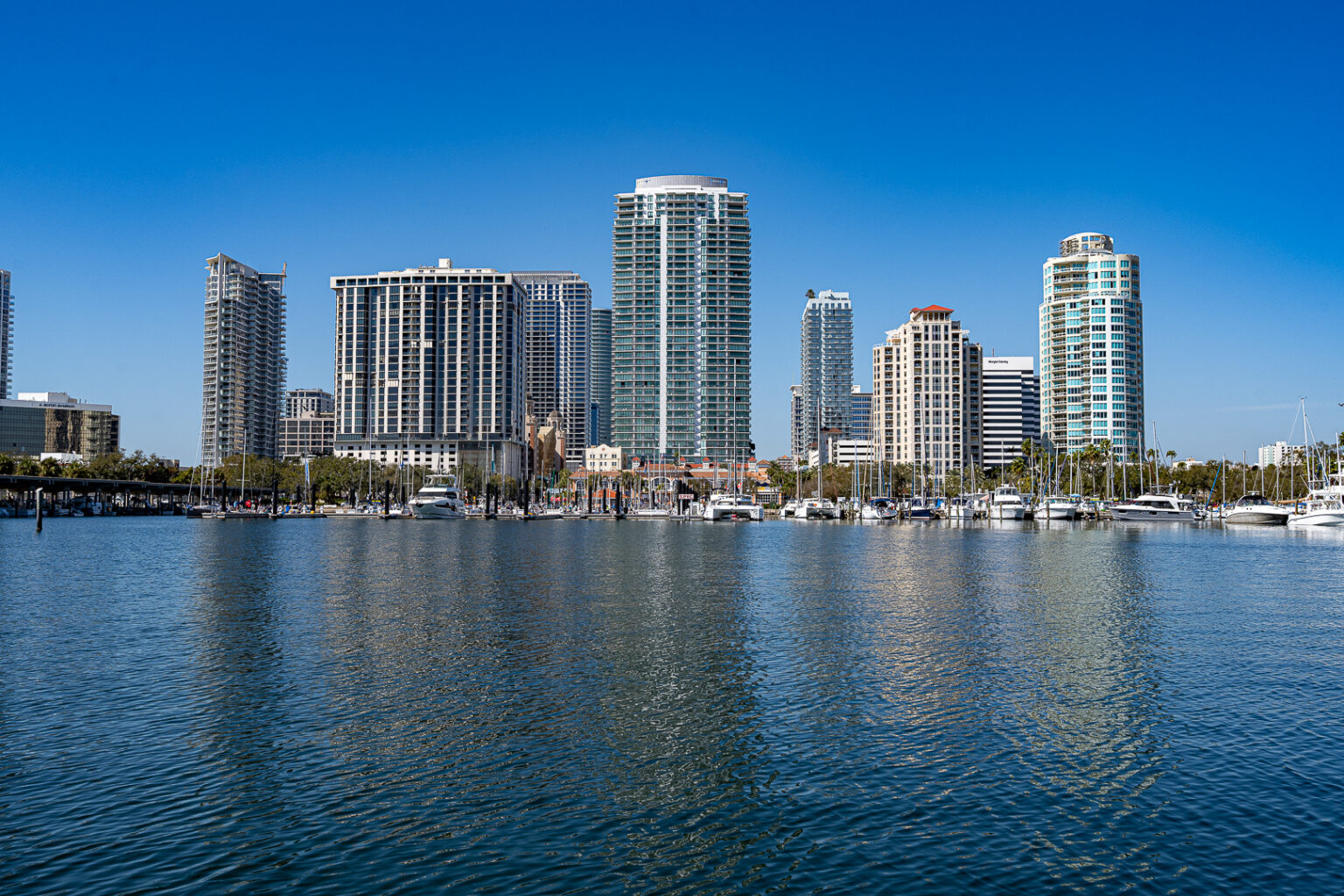 view of St. Petersburg downtown from the water of Tampa Bay.