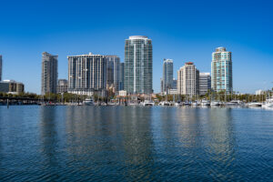 view of St. Petersburg downtown from the water of Tampa Bay.