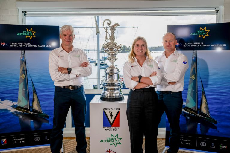 Louis Vuitton 38th America’s Cup – Team Announcement Team Australia CEO Grant Simmer, Tash Bryant and Glenn Ashby.