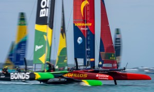 Los Gallos SailGP Team driven by Diego Botin overtakes BONDS Flying Roos SailGP Team driven by Tom Slingsby on Race Day 2 of the Apex Group Bermuda Sail Grand Prix in Bermuda.