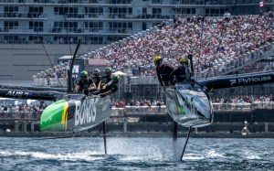 BONDS Flying Roos SailGP Team driven by Tom Slingsby races alongside NORTHSTAR SailGP Team driven by Giles Scott on Race Day 2 of the Canada Sail Grand Prix in Halifax, Canada. Sunday 21 June 2026. Rolex SailGP Championship Event 7 2026 Season.
