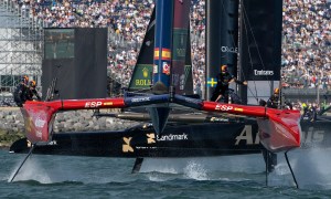 Los Gallos SailGP Team driven by Diego Botin leads Artemis SailGP Team driven by Nathan Outteridge in front of the grandstand on Race Day 2 of the Emirates Great Britain Sail Grand Prix in Portsmouth, United Kingdom.