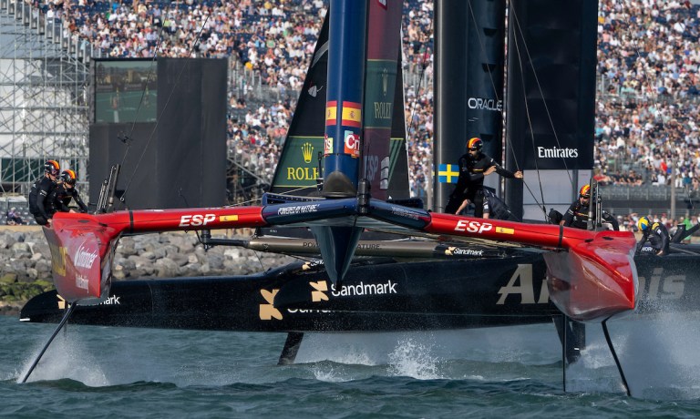 Emirates Great Britain Sail Grand Prix Event 8 2026 Season Los Gallos SailGP Team driven by Diego Botin leads Artemis SailGP Team driven by Nathan Outteridge in front of the grandstand on Race Day 2 of the Emirates Great Britain Sail Grand Prix in Portsmouth, United Kingdom.