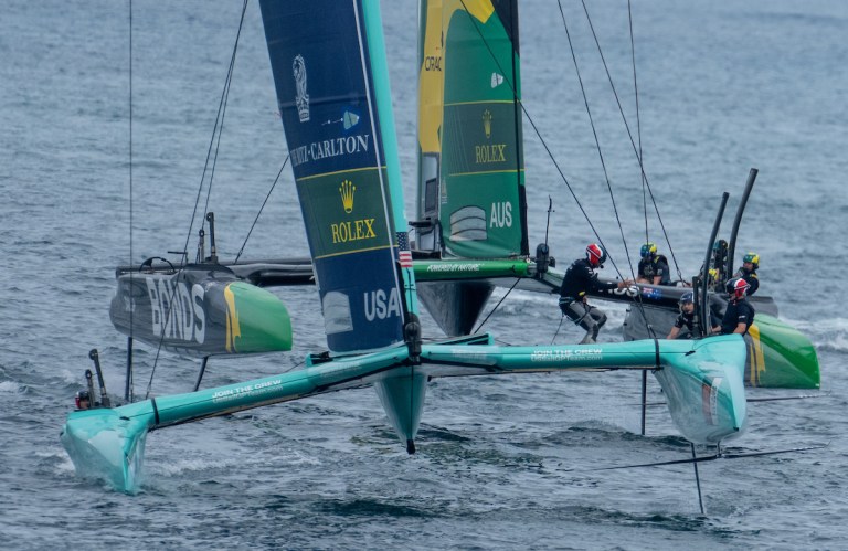 Spain Sail Grand Prix Event 10 2026 Season Taylor Canfield, driver of United States SailGP Team, crosses the boat during a manoeuvre as they lead ahead of BONDS Flying Roos SailGP Team on Race Day 2 of the Spain Sail Grand Prix in Valencia, Spain.